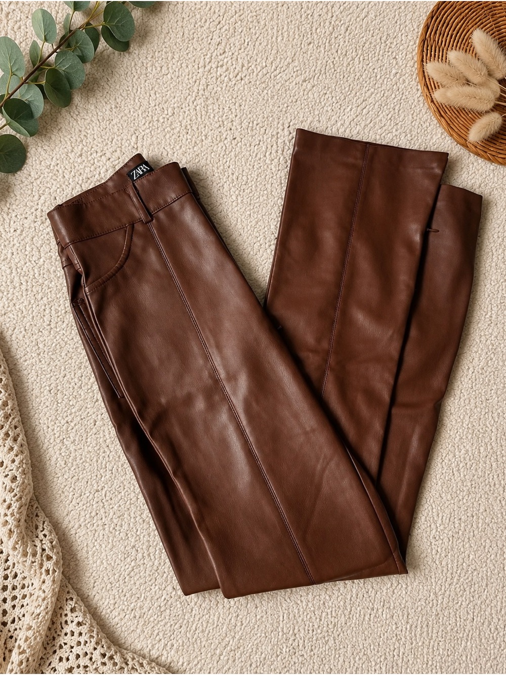 Zara Brown Straight-Leg Faux Leather Pants